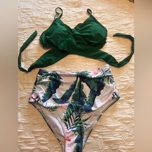 Green Wrap Bikini Top with Tropical High-Waist Bottom